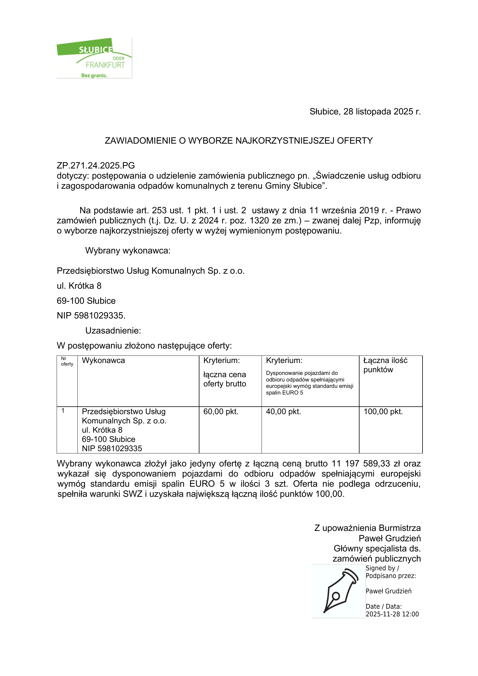 Zawiadomienie o wyborze najkorzystniejszej oferty, przetarg na odpady, listopad 2025